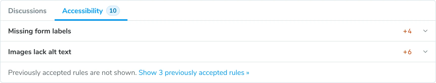 Build 2 with two types of violations: missing form labels and images lack alt text. The three previously accepted rules are hidden by default.