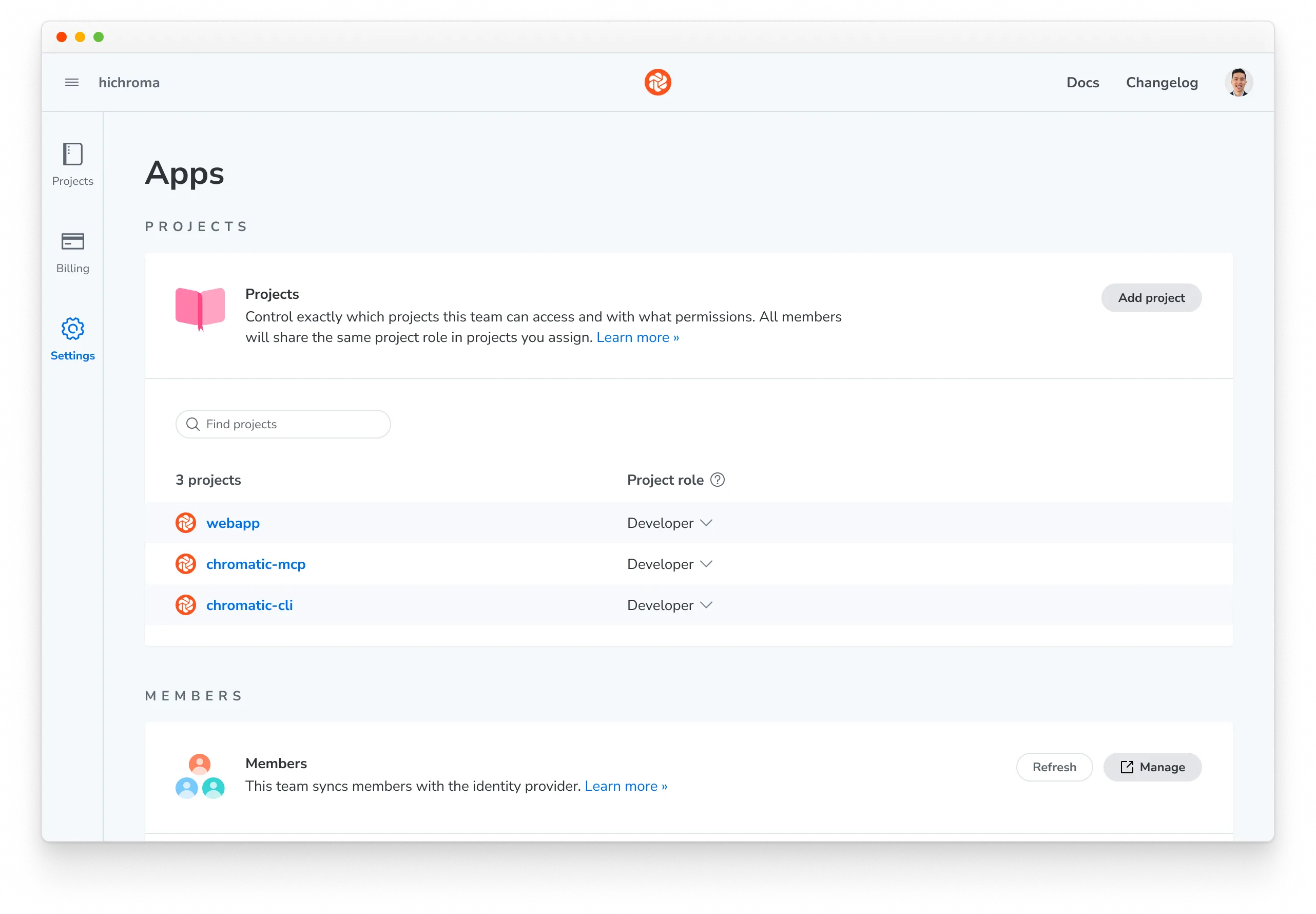 Team page showing assigned projects and the Add project button